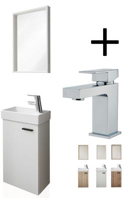 Gäste WC Badmöbel Set Waschbecken mit Unterschrank + Armatur Waschtisch Spiegel