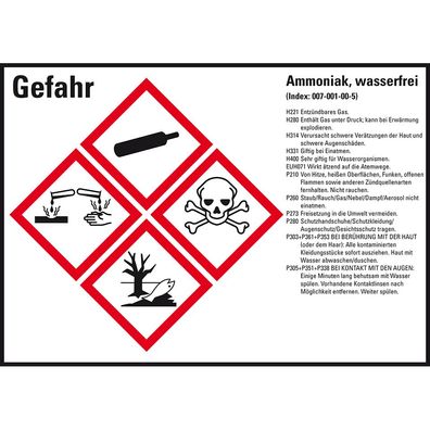 Etikett Ammoniak, wasserfrei, gem. GefStoffV/ GHS/ CLP, Folie, 4/ Bo