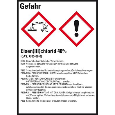 GHS-Etikett Eisen(III)chlorid 40%, gem. GefStoffV/ GHS/ CLP, Folie, 10/ Bo