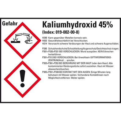 GHS-Etikett Kaliumhydroxid 45%, gem. GefStoffV/ GHS/ CLP, Folie, 4/ Bo