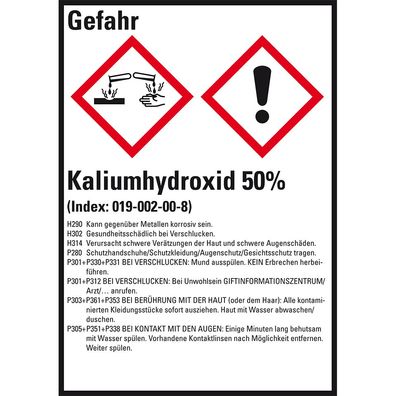 GHS-Etikett Kaliumhydroxid 50%, gem. GefStoffV/ GHS/ CLP, Folie, 10/ Bo
