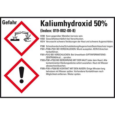 GHS-Etikett Kaliumhydroxid 50%, gem. GefStoffV/ GHS/ CLP, Folie, 4/ Bo