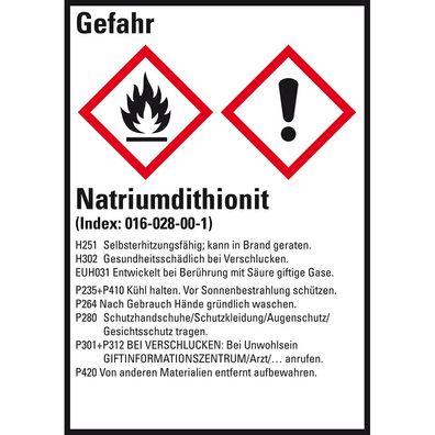GHS-Etikett Natriumdithionit, gem. GefStoffV/ GHS/ CLP, Folie, 10/ Bo
