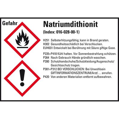 GHS-Etikett Natriumdithionit, gem. GefStoffV/ GHS/ CLP, Folie, 4/ Bo