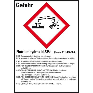 GHS-Etikett Natriumhydroxid 33%, gem. GefStoffV/ GHS/ CLP, Folie, 10/ Bo