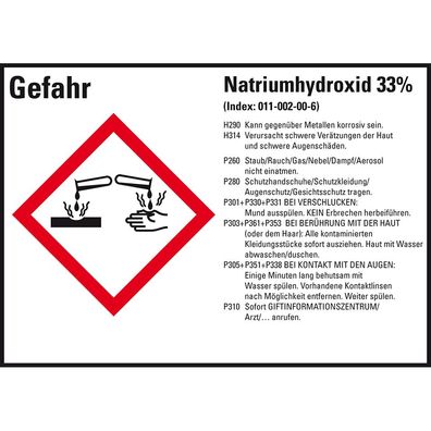 GHS-Etikett Natriumhydroxid 33%, gem. GefStoffV/ GHS/ CLP, Folie, 8/ Bo