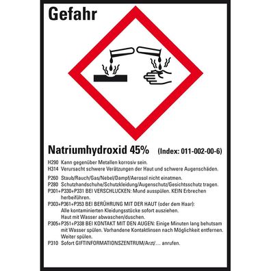 GHS-Etikett Natriumhydroxid 45%, gem. GefStoffV/ GHS/ CLP, Folie, 10/ Bo