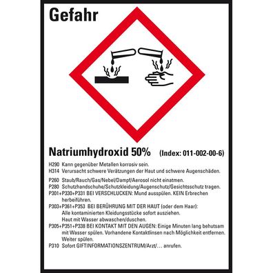 GHS-Etikett Natriumhydroxid 50%, gem. GefStoffV/ GHS/ CLP, Folie, 10/ Bo
