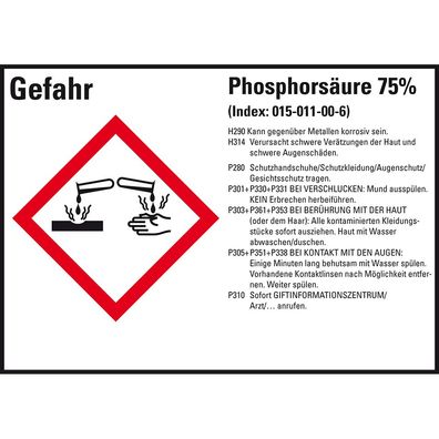GHS-Etikett Phosphorsäure 75%, gem. GefStoffV/ GHS/ CLP, Folie, 4/ Bo