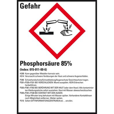 GHS-Etikett Phosphorsäure 85%, gem. GefStoffV/ GHS/ CLP, Folie, 10/ Bo