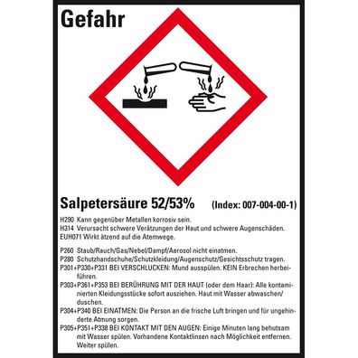 GHS-Etikett Salpetersäure 52/53%, gem. GefStoffV/ GHS/ CLP, Folie, 10/ Bo