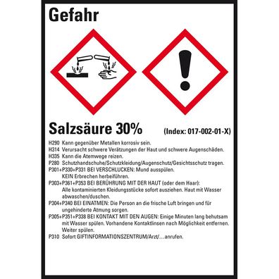 GHS-Etikett Salzsäure 30%, gem. GefStoffV/ GHS/ CLP, Folie,52x74mm,10/ Bogen