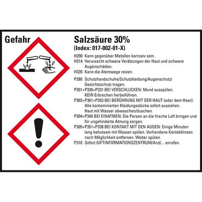 GHS-Etikett Salzsäure 30%, gem. GefStoffV/ GHS/ CLP, Folie,105x74mm,8/ Bogen