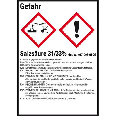 GHS-Etikett Salzsäure 31/33%, gem. GefStoffV/ GHS/ CLP, Folie, 10/ Bo