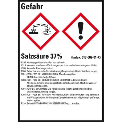 GHS-Etikett Salzsäure 37%, gem. GefStoffV/ GHS/ CLP, Folie,52x74mm,10/ Bogen