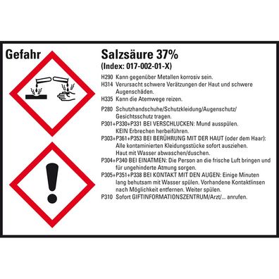GHS-Etikett Salzsäure 37%, gem. GefStoffV/ GHS/ CLP, Folie,105x74mm,8/ Bogen
