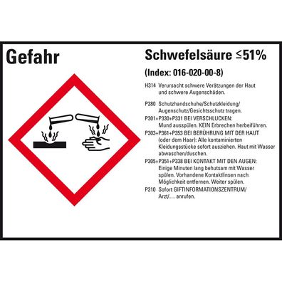 GHS-Etikett Schwefelsäure <=51%, gem. GefStoffV/ GHS/ CLP, Folie, 8/ Bo