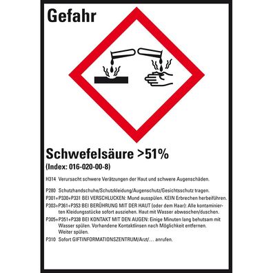 GHS-Etikett Schwefelsäure >51%, gem. GefStoffV/ GHS/ CLP, Folie, 10/ Bo
