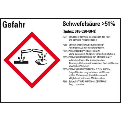 GHS-Etikett Schwefelsäure >51%, gem. GefStoffV/ GHS/ CLP, Folie, 8/ Bo