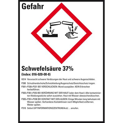 GHS-Etikett Schwefelsäure 37%, gem. GefStoffV/ GHS/ CLP, Folie, 10/ Bo