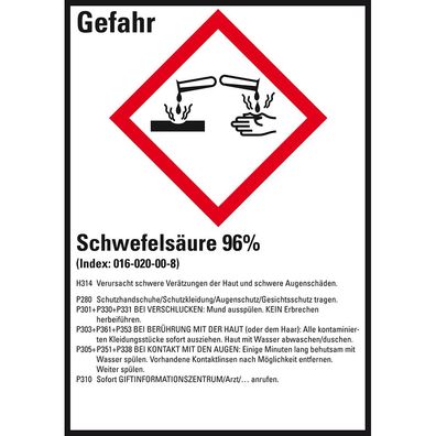 GHS-Etikett Schwefelsäure 96%, gem. GefStoffV/ GHS/ CLP, Folie, 10/ Bo