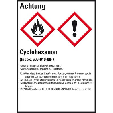 GHS-Etikett Cyclohexanon, gem. GefStoffV/ GHS/ CLP, Folie, 52x74mm, 10/ Bo