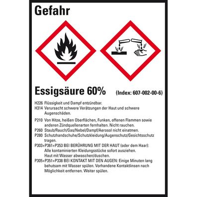GHS-Etikett Essigsäure 60%, gem. GefStoffV/ GHS/ CLP, Folie, 10/ Bo