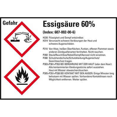 GHS-Etikett Essigsäure 60%, gem. GefStoffV/ GHS/ CLP, Folie, 8/ Bo