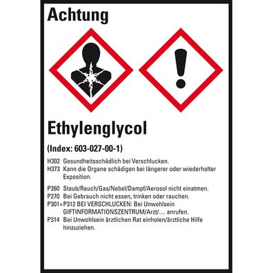 GHS-Etikett Ethylenglycol, gem. GefStoffV/ GHS/ CLP, Folie, 10/ Bo