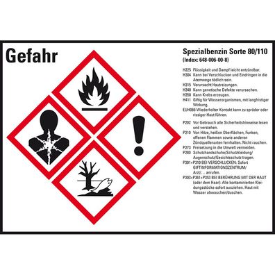 GHS-Etikett Sp. benzin Sorte 80/110, gem. GefStoffV/ GHS/ CLP, Folie, 4/ Bo