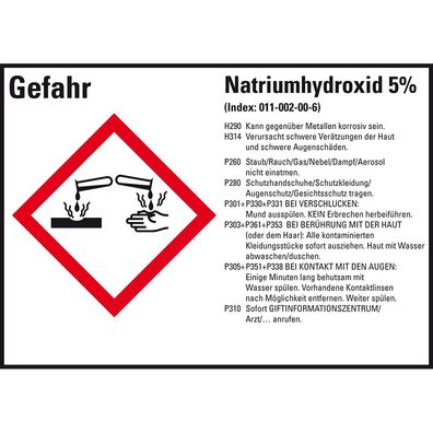 GHS-Etikett Natriumhydroxid 5%, gem. GefStoffV/ GHS/ CLP, Folie, 8/ Bo