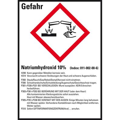 GHS-Etikett Natriumhydroxid 10%, gem. GefStoffV/ GHS/ CLP, Folie, 10/ Bo