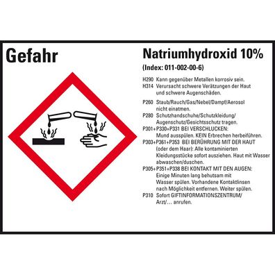 GHS-Etikett Natriumhydroxid 10%, gem. GefStoffV/ GHS/ CLP, Folie, 8/ Bo