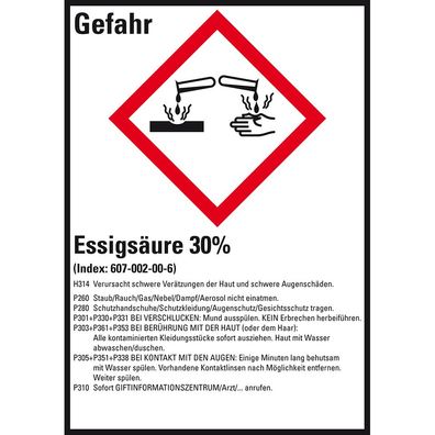 GHS-Etikett Essigsäure 30%, gem. GefStoffV/ GHS/ CLP, Folie,52x74mm,10/ Bog