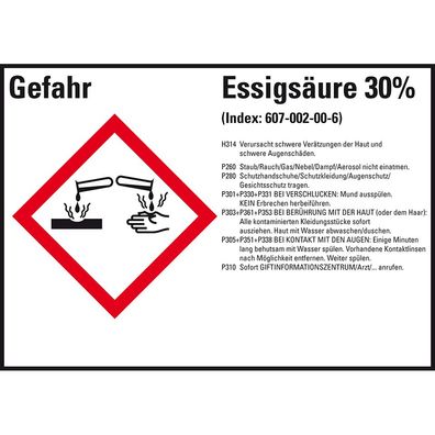 GHS-Etikett Essigsäure 30%, gem. GefStoffV/ GHS/ CLP, Folie,105x74mm,8/ Bog