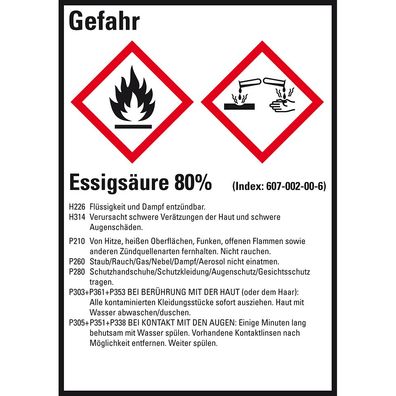 GHS-Etikett Essigsäure 80%, gem. GefStoffV/ GHS/ CLP, Folie,52x74mm,10/ Bog