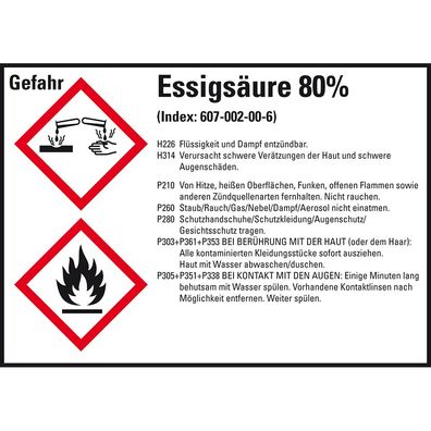GHS-Etikett Essigsäure 80%, gem. GefStoffV/ GHS/ CLP, Folie,105x74mm,8/ Bog