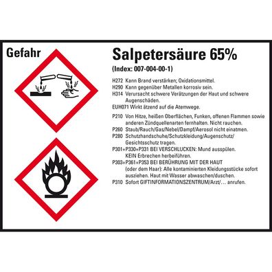 GHS-Etikett Salpetersäure 65%, gem. GefStoffV/ GHS/ CLP, Folie, 4/ Bo