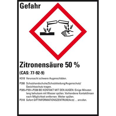 GHS-Etikett Zitronensäure 50%, gem. GefStoffV/ GHS/ CLP, Folie, 10/ Bo