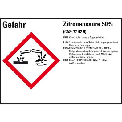 GHS-Etikett Zitronensäure 50%, gem. GefStoffV/ GHS/ CLP, Folie, 8/ Bo