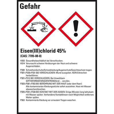 GHS-Etikett Eisen(III)chlorid 45%, gem. GefStoffV/ GHS/ CLP, Folie, 10/ Bo