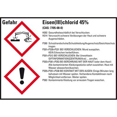 GHS-Etikett Eisen(III)chlorid 45%, gem. GefStoffV/ GHS/ CLP, Folie, 8/ Bo