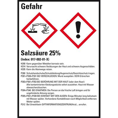 GHS-Etikett Salzsäure 25%, gem. GefStoffV/ GHS/ CLP, Folie,52x74mm,10/ Bogen