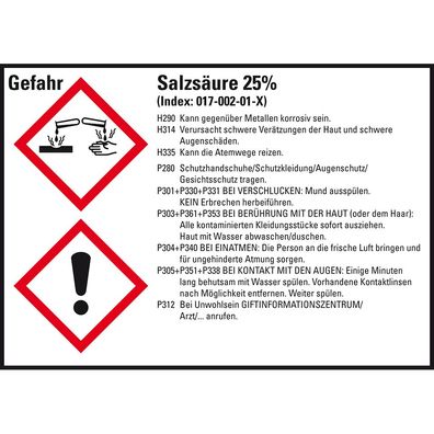 GHS-Etikett Salzsäure 25%, gem. GefStoffV/ GHS/ CLP, Folie,105x74mm,8/ Bogen