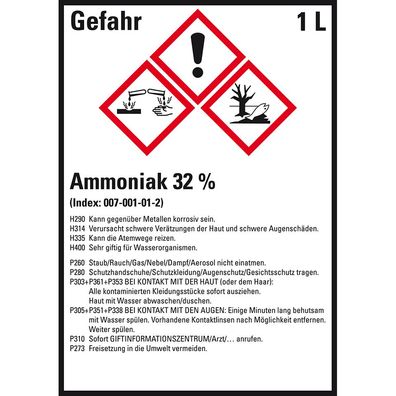 GHS-Etikett Ammoniak 32%, gem. GefStoffV/ GHS/ CLP, Folie,52x74mm,10/ Bogen