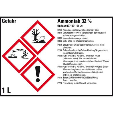 GHS-Etikett Ammoniak 32%, gem. GefStoffV/ GHS/ CLP, Folie,105x74mm,8/ Bogen