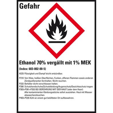 GHS-Etikett Ethanol 70% .. mit 1% MEK, GefStoffV/ GHS/ CLP, Folie, 10/ Bo