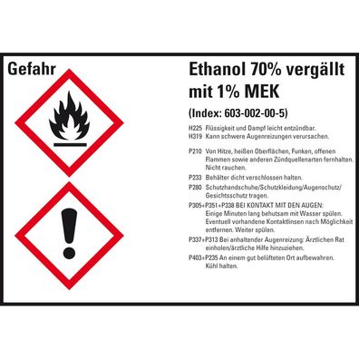GHS-Etikett Ethanol 70%.. mit 1% MEK, GefStoffV/ GHS/ CLP, Folie, 8/ Bo