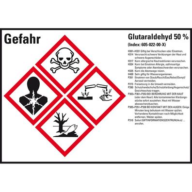 GHS-Etikett Glutaraldehyd 50%, gem. GefStoffV/ GHS/ CLP, Folie, 4/ Bo
