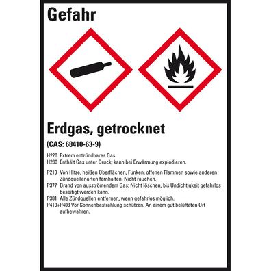 GHS-Etikett Erdgas getrocknet, gem. GefStoffV/ GHS/ CLP, Folie, 10/ Bo